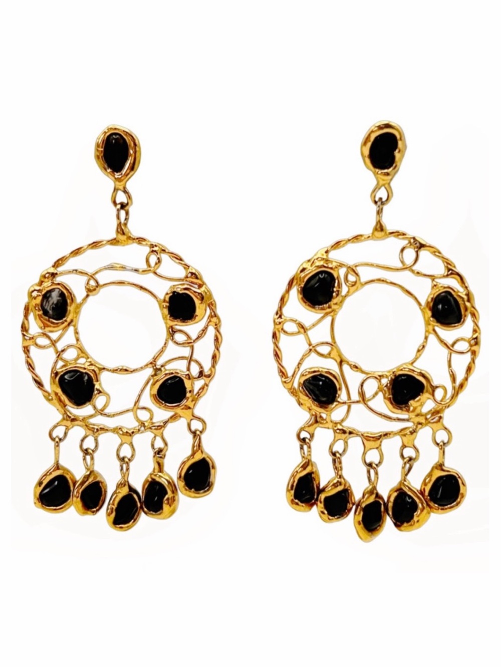 Funky Vintage Gold Plated Modernist Onyx Open Work Chandelier Drop Earrings